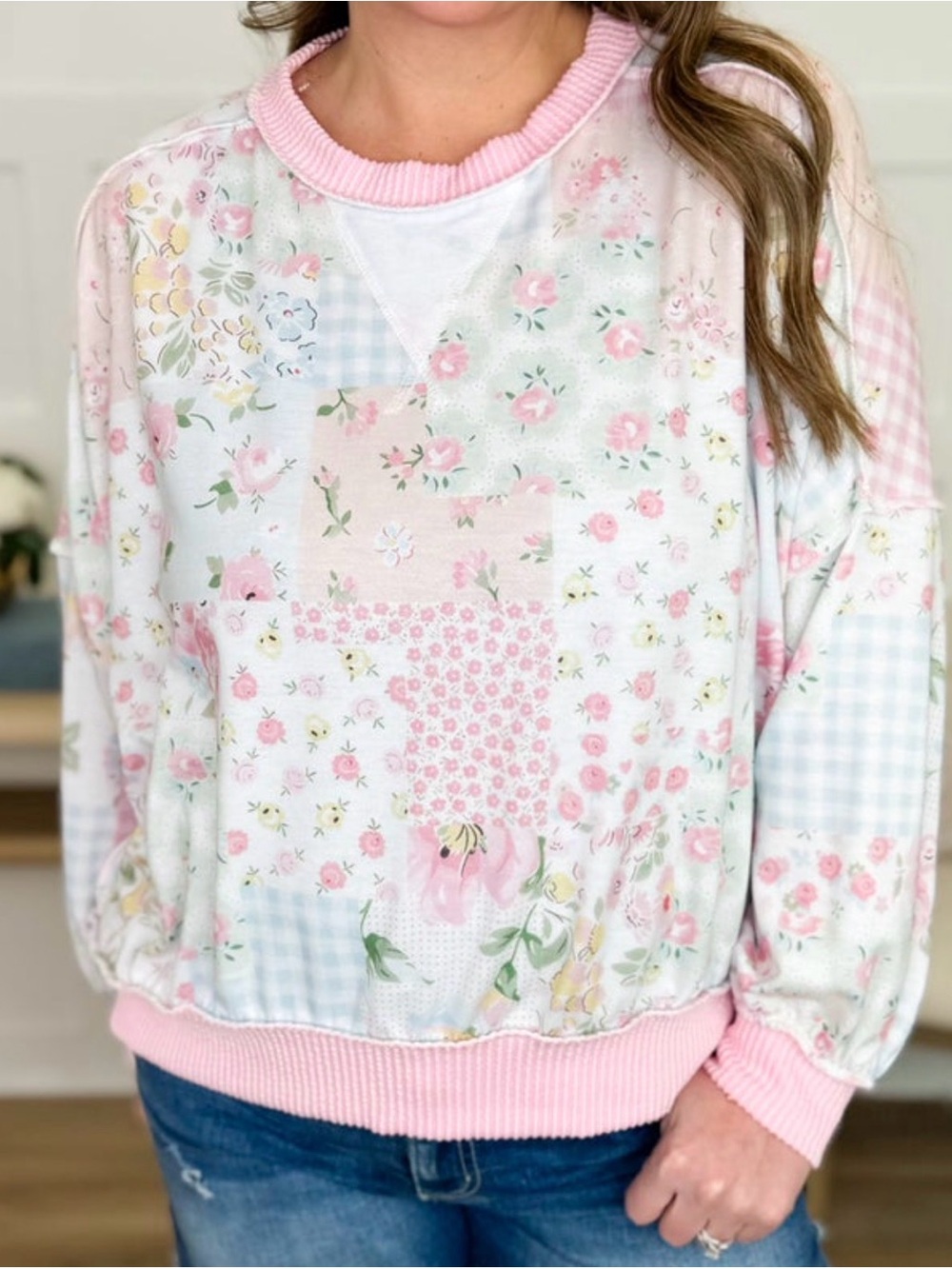 Haptics~ Pastel Pink Floral Patchwork French Terry Pullover